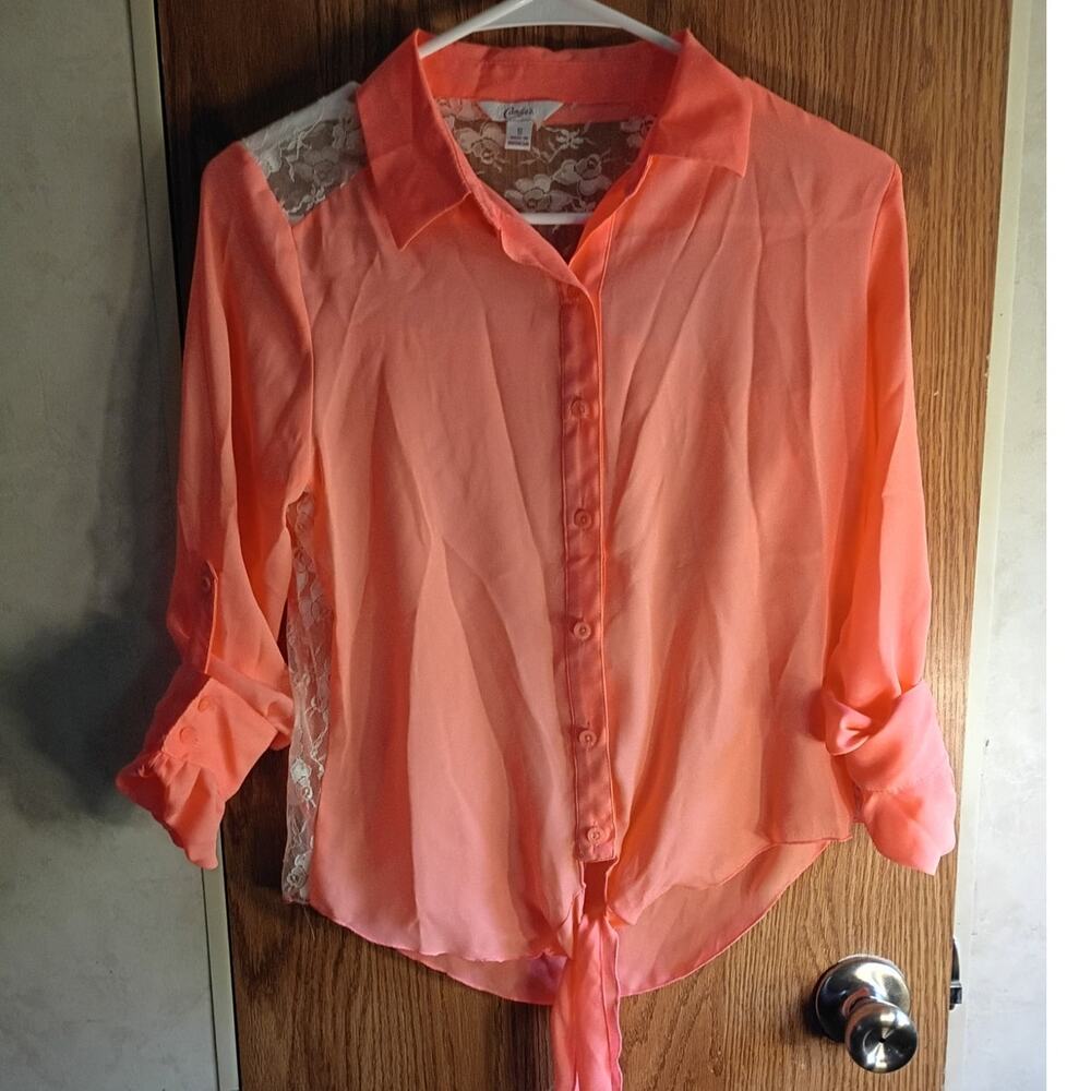 Candies Y2K Tie Front Lace Blouse Vivid Coral Orange Going Out Top Small Western - Picture 2 of 13